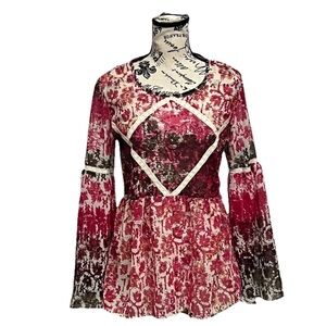 ANGIE Floral Boho Sheer Tunic Blouse Hippie Coastal S Cottegecore Whimsical